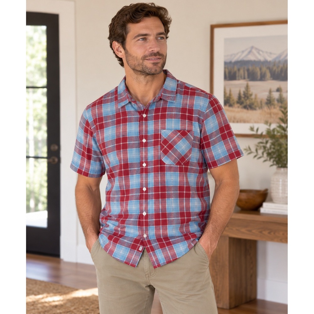 Levi Strauss & Co Mens Red Blue Plaid Short Sleeve Button Up Shirt Size L